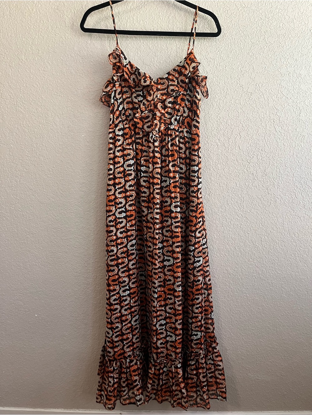Milly 100% Silk Fish Print Ruffle Spaghetti Strap Maxi Dress Size 4